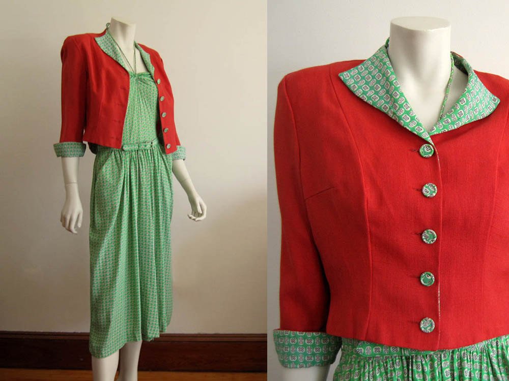 1940s Green Silk Halter Dress Paprika Cropped Jacket