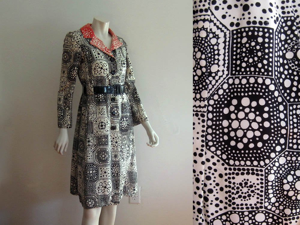 1960s MOD Coat Dress Black White Orange Silk Jordan Marsh