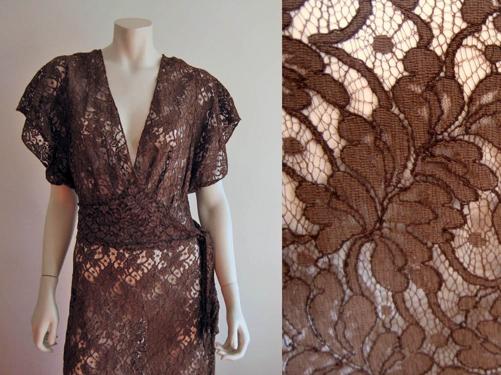 1930s Brown Illusion Lace Dress Low V-neck gown