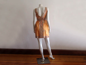 1960s Mini Dress Peach Gold Silk Organza Criss-Cross Bodice