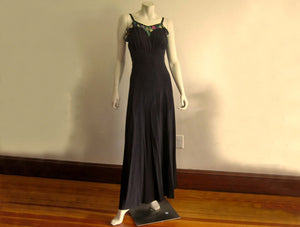 1940s Black Silk Strappy Evening Gown Colorful Celluloid Sequins