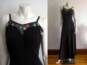 1940s Black Silk Strappy Evening Gown Colorful Celluloid Sequins