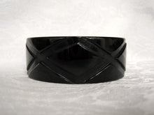 Load image into Gallery viewer, Art Deco Bakelite Bangle Black Bracelet Deeply Carved Diamonds