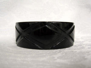 Art Deco Bakelite Bangle Black Bracelet Deeply Carved Diamonds