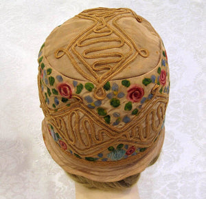 1920s Silk Cloche Hat Hand Painted Pink Roses