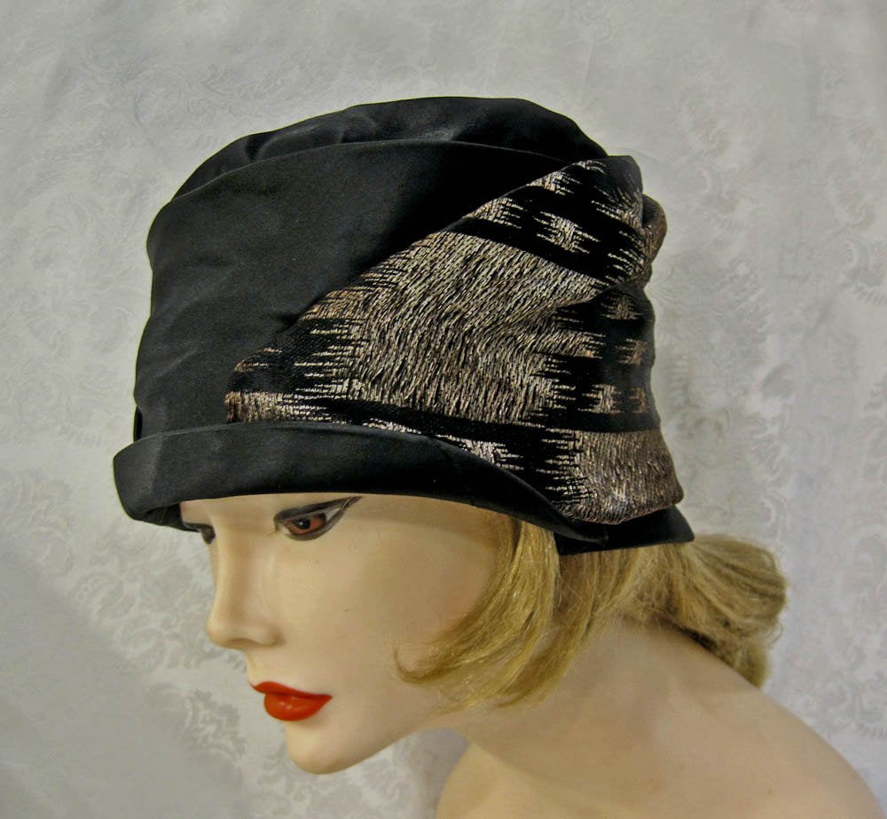 1920s Gold Lame Cloche Hat Black Silk Satin