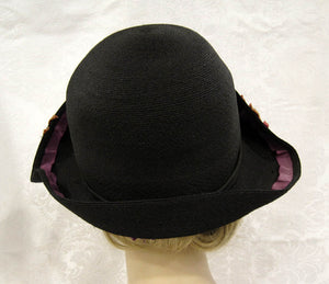1920s Bi-Corn Cloche Hat Black Straw Velveteen Flower Appliques