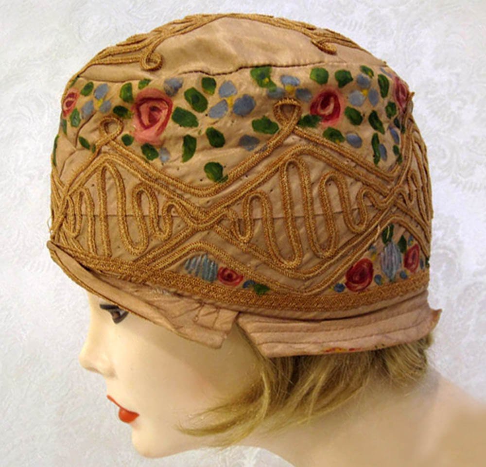 1920s Silk Cloche Hat Hand Painted Pink Roses