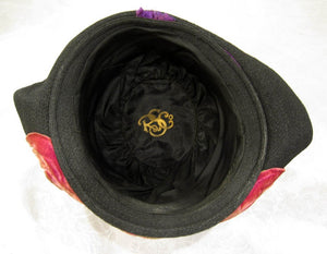 1920s Bi-Corn Cloche Hat Black Straw Velveteen Flower Appliques