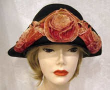 Load image into Gallery viewer, 1920s Bi-Corn Cloche Hat Black Straw Velveteen Flower Appliques