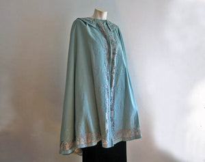 1910s Edwardian Cape Blue Wool & Metal Lace with Bumble Bees Appliques