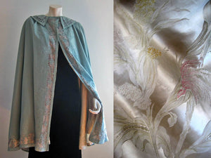 1900s Edwardian Cape Blue Wool & Metal Lace with Silk Brocade Lining