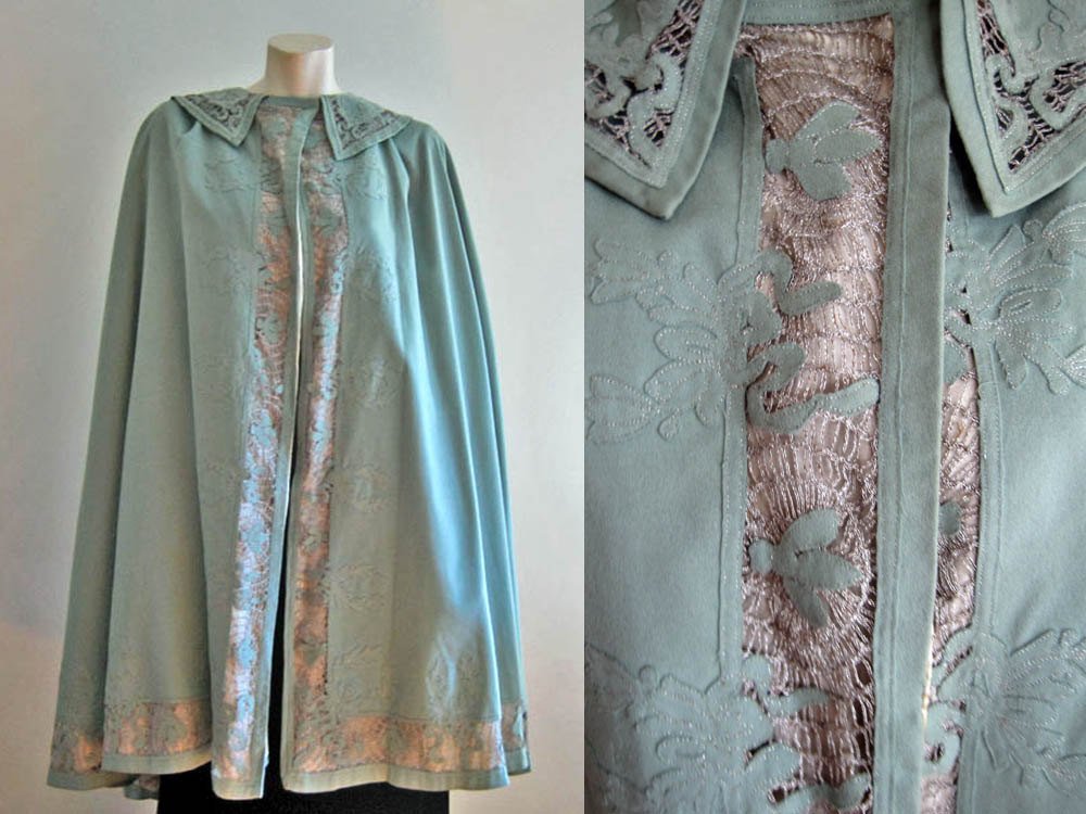 Edwardian Cape from the 1910s blue wool with metal lace, laurel leaf and bumble bee appliques