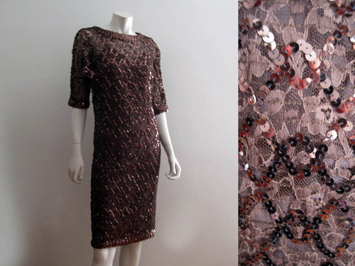 1970s Lilli Diamond Cocktail Dress Brown Net Lace Copper Sequins