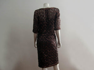 1970s Lilli Diamond Cocktail Dress Brown Net Lace Copper Sequins