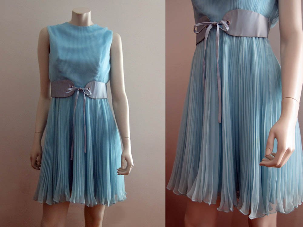 1960s Bombshell Blue Chiffon Mini Dress Sleeveless