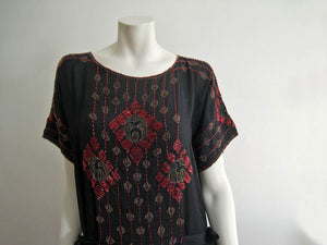 1920s Beaded Silk Flapper Dress Red Glass Geometric Beadwork