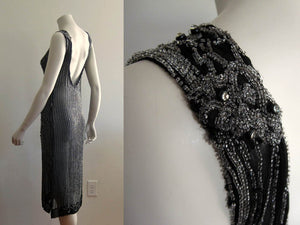 1930s Art Deco Beaded Silk Dress Rhinestone Glass Beads Low Scoop Back
