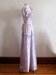 1930s Flocked Velvet Lavender Satin Gown Peplum Waist