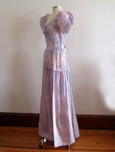 1930s Flocked Velvet Lavender Satin Gown Peplum Waist