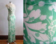 Load image into Gallery viewer, 1930s Green Floral Print Silk Chiffon Dress Attached Bib Collar Overlay