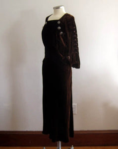 1930s Chocolate Brown Devore Velvet Dress Scallops