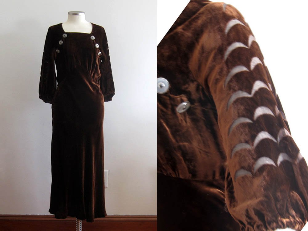 1930s Brown Liquid Velvet Dress Devore Velvet Scallops Burnout Gown