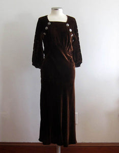 1930s Chocolate Brown Devore Velvet Dress Scallops