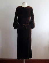 Load image into Gallery viewer, 1930s Brown Liquid Velvet Dress Devore Velvet Scallops Burnout Gown
