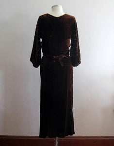 1930s Brown Liquid Velvet Dress Devore Velvet Scallops Burnout Gown