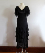 Load image into Gallery viewer, 1920s Black Silk Dress Dropped Peplum Waist
