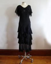 Load image into Gallery viewer, 1920s Black Silk Chiffon Dropped Peplum Waist Dress