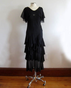 1920s Black Silk Chiffon Dropped Peplum Waist Dress