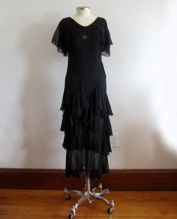 1920s Black Silk Dress Dropped Peplum Waist 1920s Black Silk Dress Dropped Peplum Waist