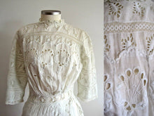 Load image into Gallery viewer, Close-Up of Edwardian Tea Gown Bodice Showing Broderie Anglais Whitework