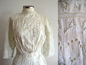 Close-Up of Edwardian Tea Gown Bodice Showing Broderie Anglais Whitework