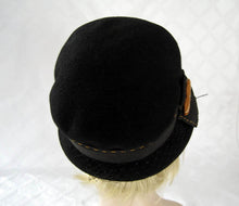 Load image into Gallery viewer, 1920s Black Felt Cloche Hat Earth Tone Flower