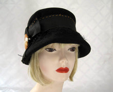 Load image into Gallery viewer, 1920s Black Felt Cloche Hat Earth Tone Flower