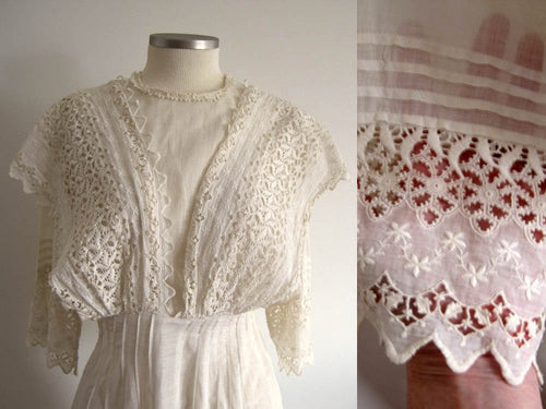 1910s Edwardian Tea Dress Fine Lawn Fabric Schifli Lace Apron Overlay