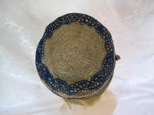 1920s Cloche Hat 22" Embroidered Straw Cloche Hat