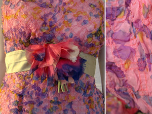 1960s Strappy Mini Dress Pink Purple Silk Flowers Party Dress Sam Friedlander