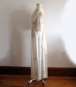 1910s Edwardian Tea Dress Fine Lawn Fabric Schifli Lace Apron Overlay