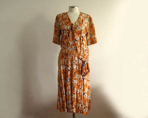 1920s Silk Flapper Dress Orange Floral Novelty Print