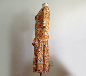 1920s Silk Flapper Dress Orange Floral Novelty Print
