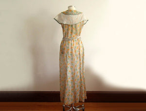 1930s Green Mustard Floral Print Cotton Voile Day Dress Excellent